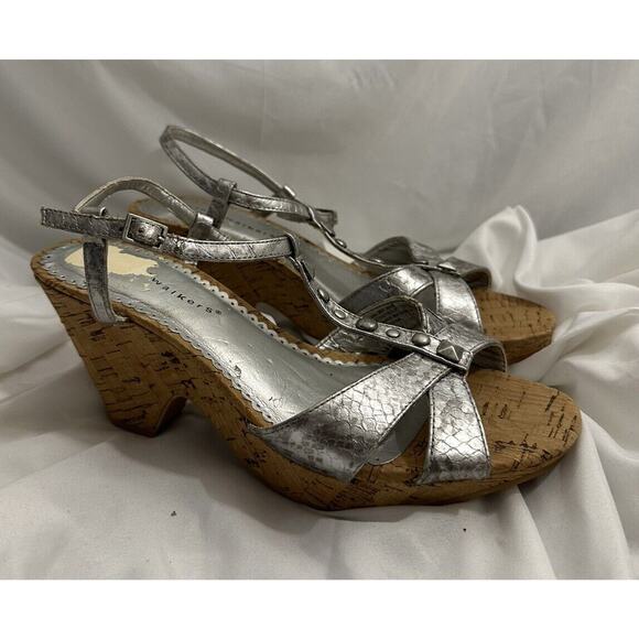 Cloud Walkers Willow Silver Sandal Open Toe Wedge Ankle Strap Studs Cork Heel 9W - Picture 5 of 5